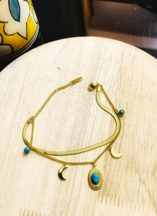 Turquoise and Crescent Moon Anti Tarnish Chain Bracelet (Dual layer)
