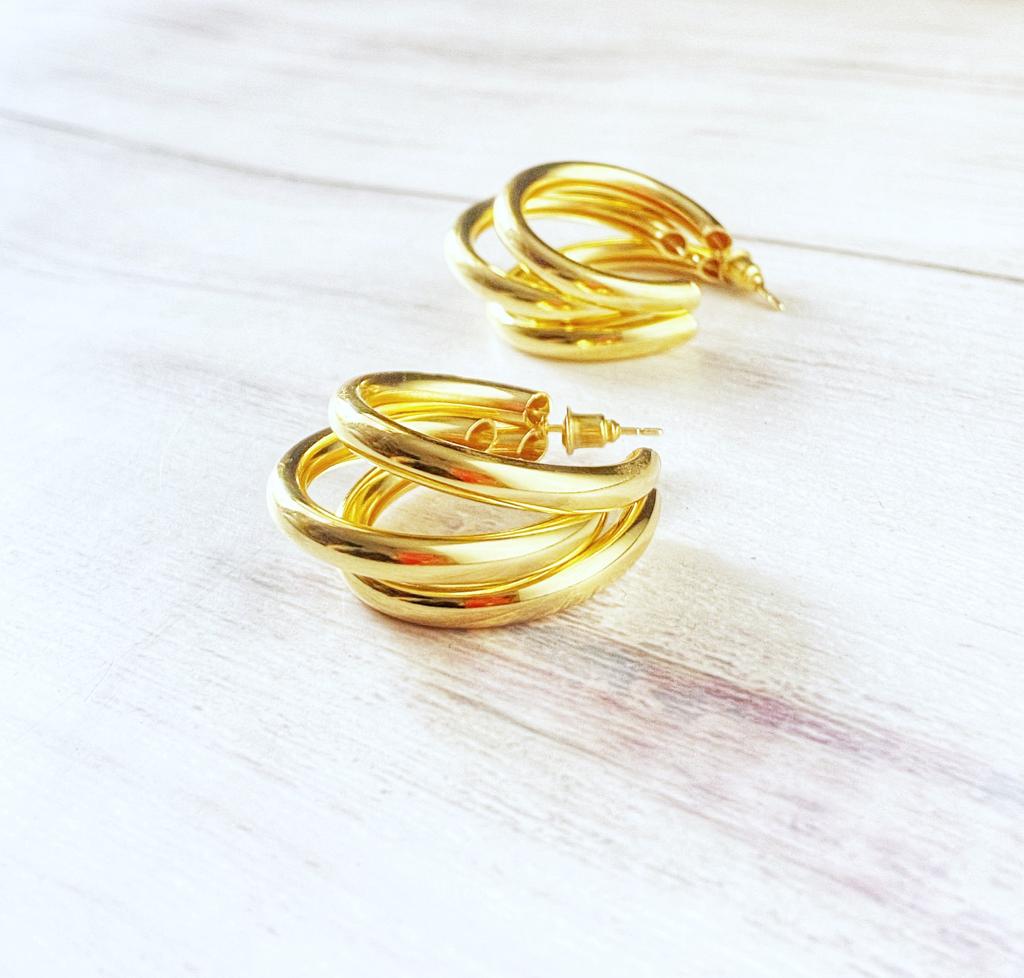 Stylish Golden Triple Hoop Ear Rings